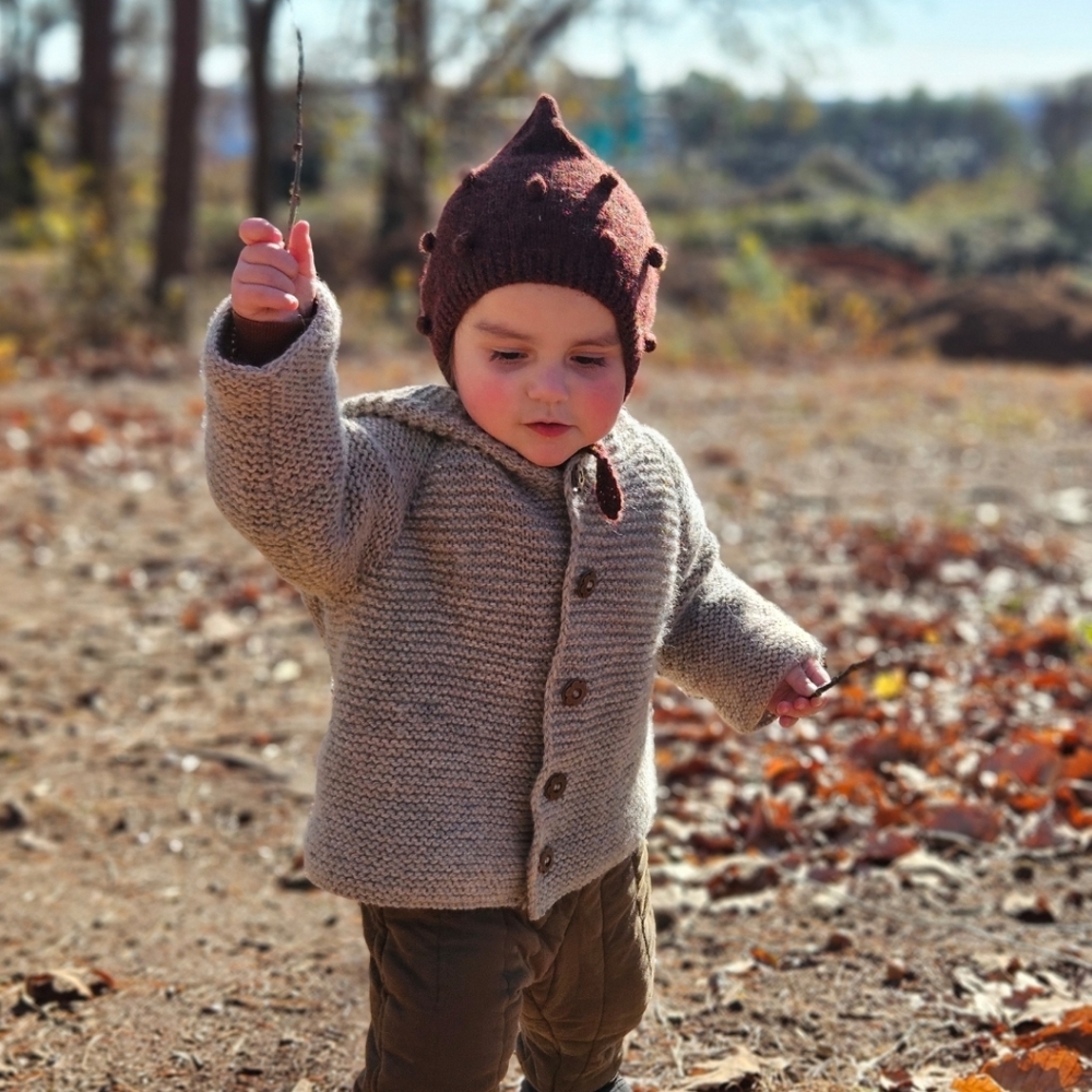 Cozy Wool Knit Kids Jacket W Hood And Flower Buttons - Brown Marl - Picture 9 of 9